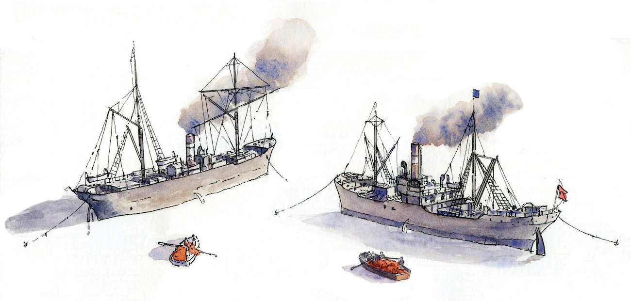 Botes y gabarras transportando mineral a los barcos
ingleses que se acercaban a la costa.