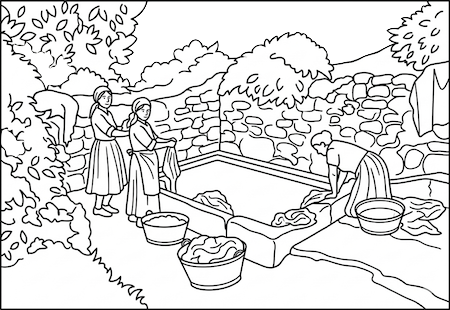 Mujeres lavando en la cuenca minera de Somorrostro, entre ellas Dolores Ibarruri. Imagen inspirada en fotografía de Amado para Estampa, 1931.